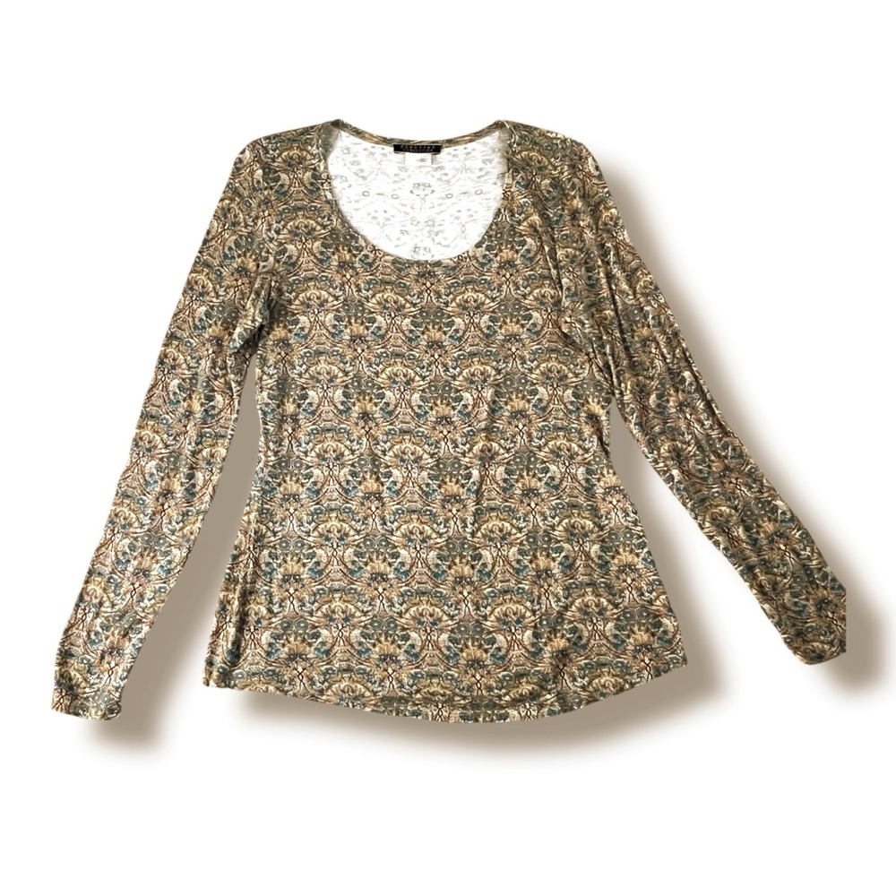 Peruvian Connection Knit Top Large Floral Print Tapestry Bohemian Stretch Knit